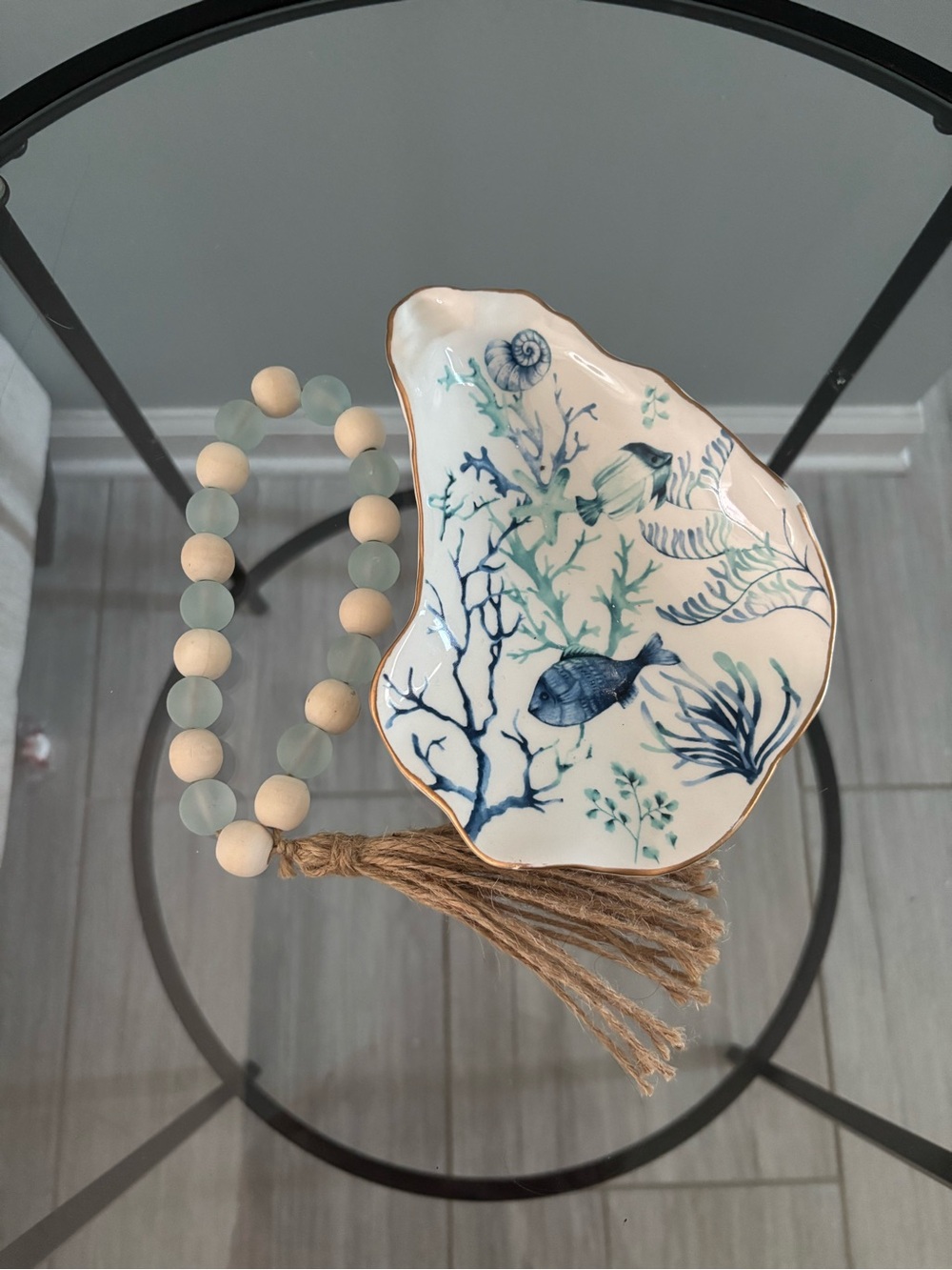 Coastal oyster Shell Trinket Dish with Blue Beaded Tassel